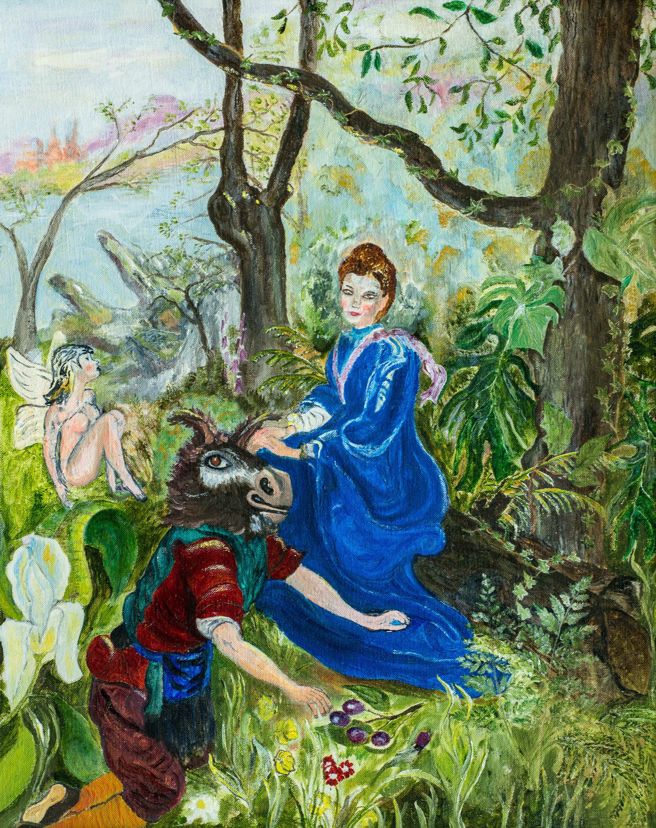 Titania Queen of the fairies falls in love with Bottom the Weaver — painting by Chris Brock