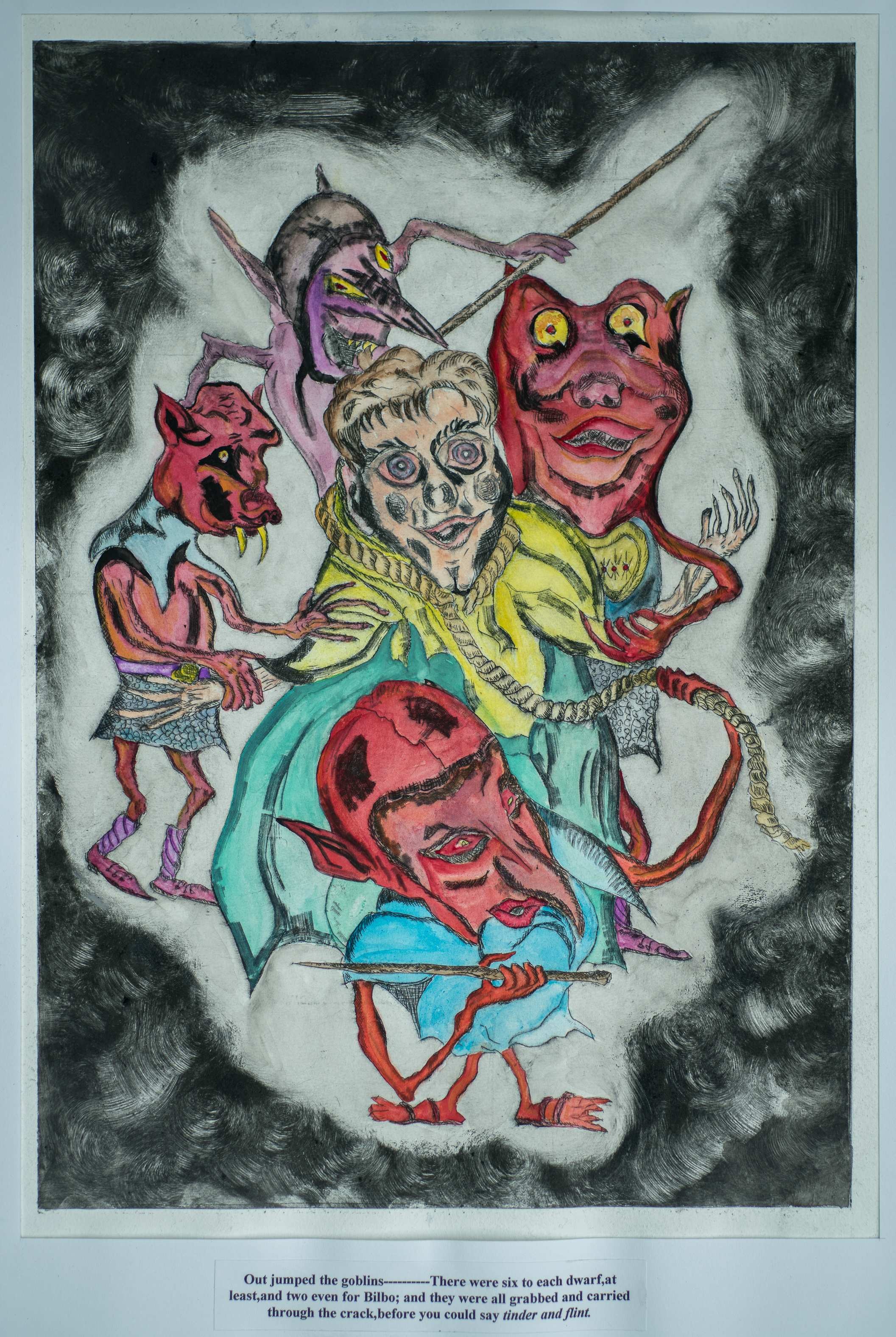Goblins around Bilbo Baggins — painting by Chris Brock