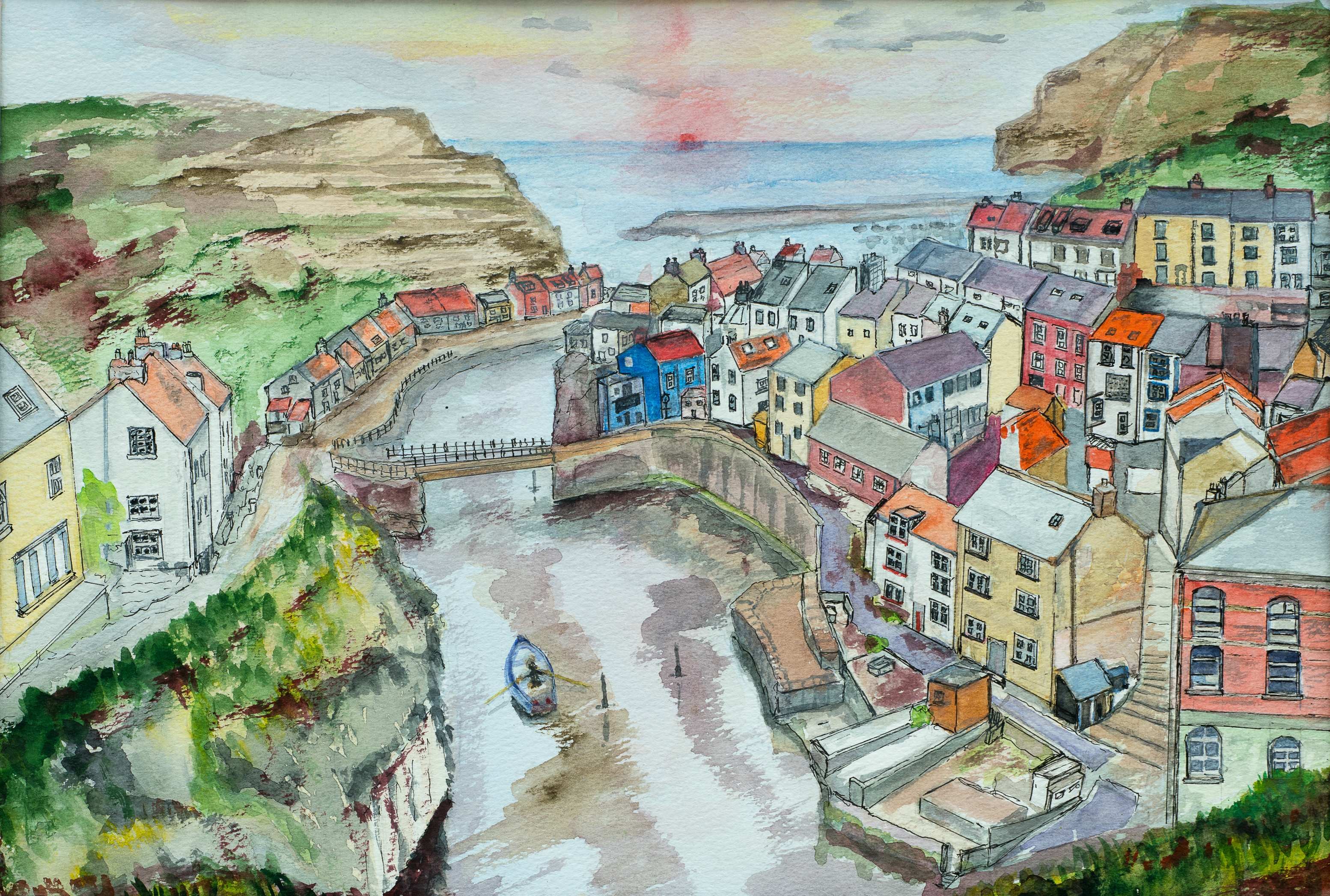 Staithes, North Yorkshire. Looking North along the Estuary — painting by Chris Brock