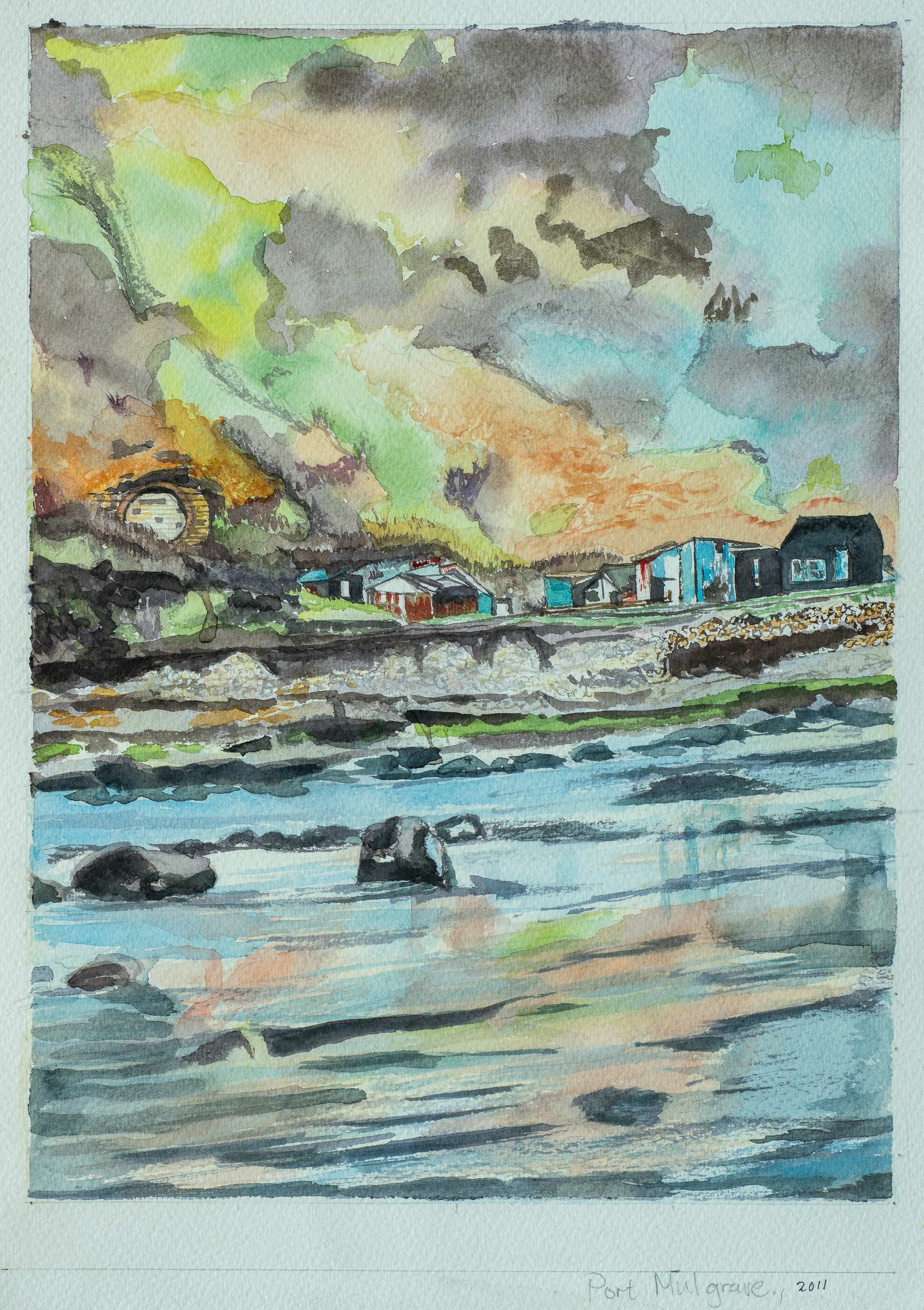 Port Mulgrave, looking towards the shacks — painting by Chris Brock