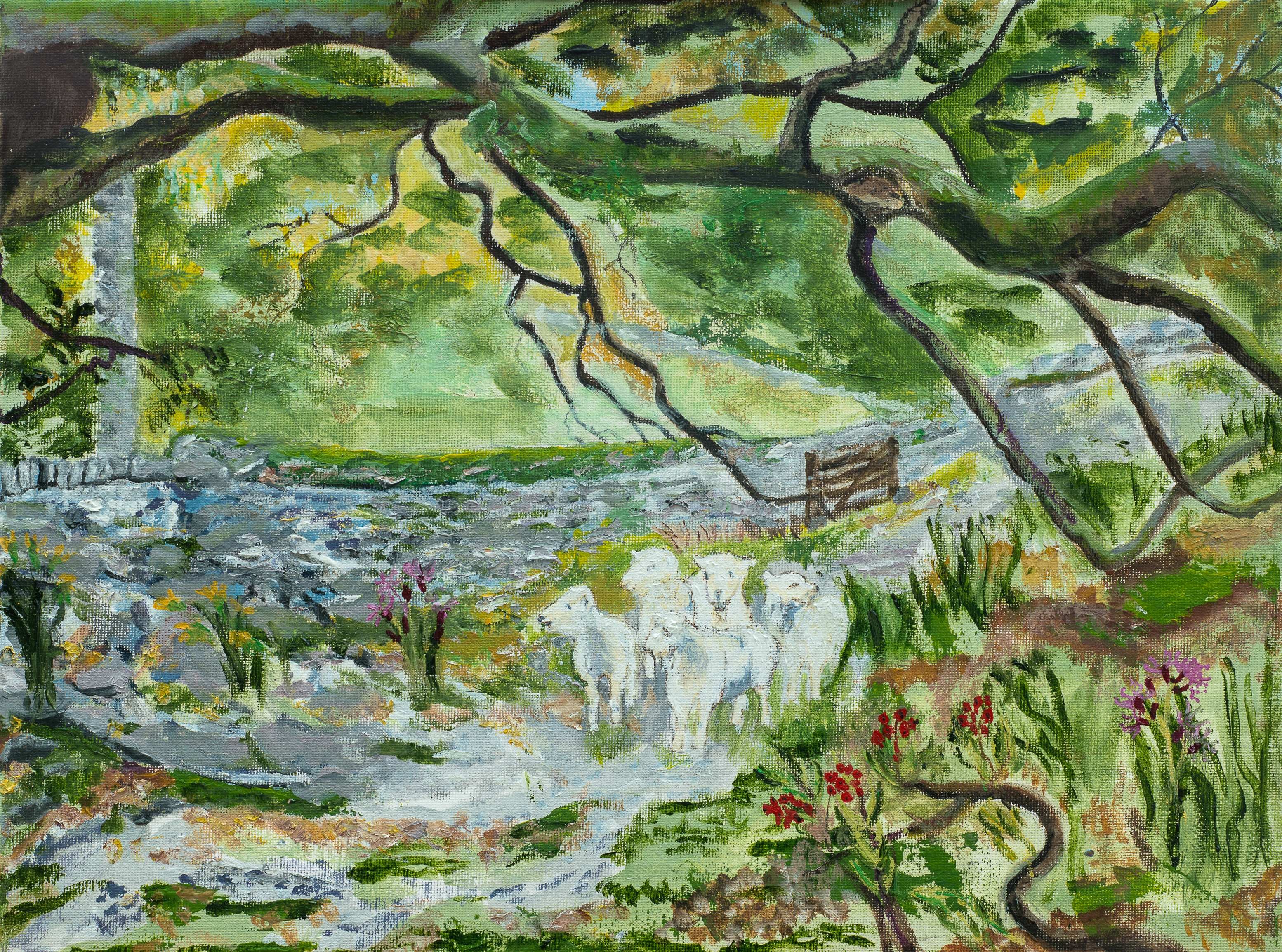 Sheep on the path — painting by Chris Brock