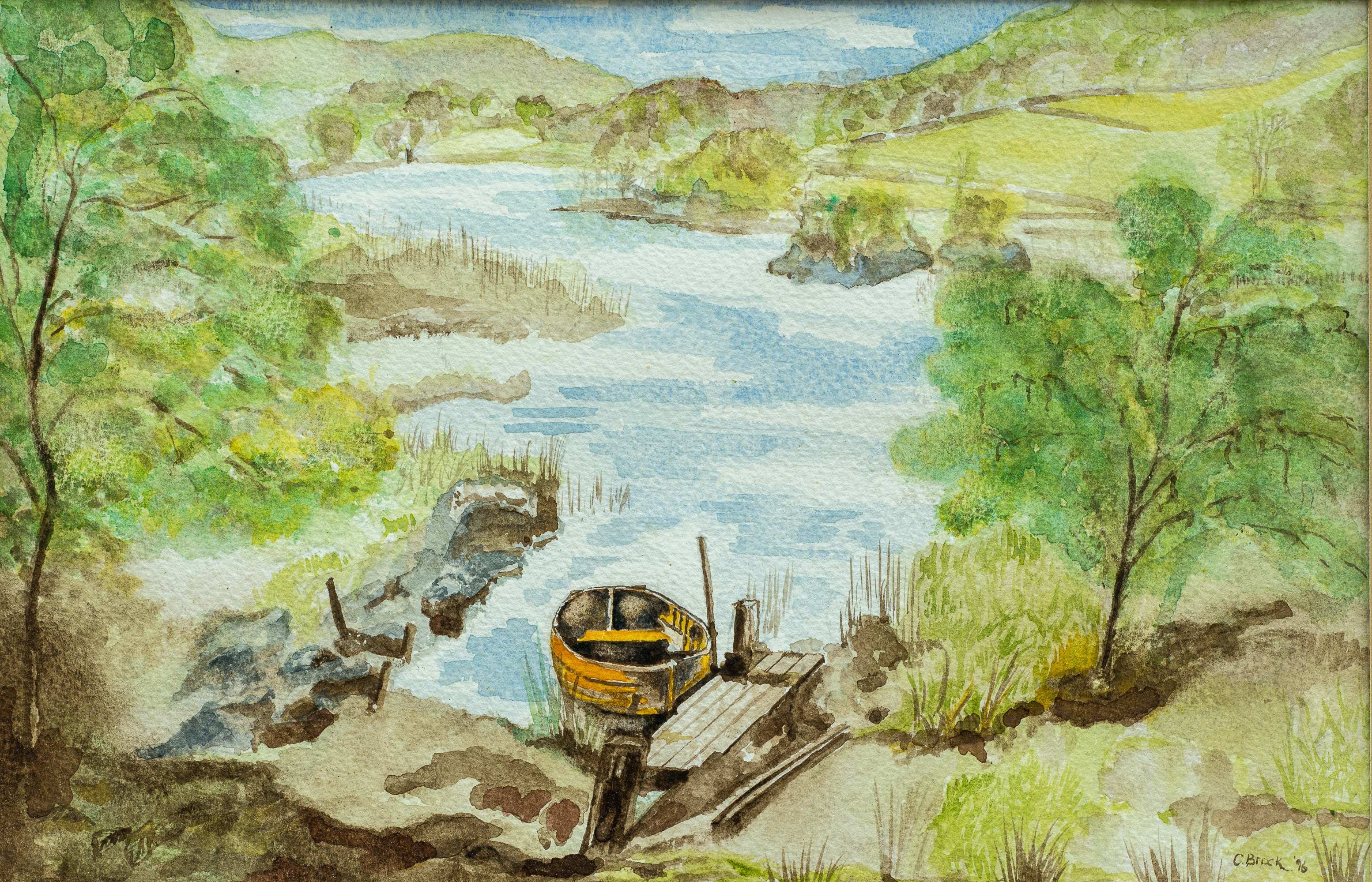 Boat in safe haven — painting by Chris Brock